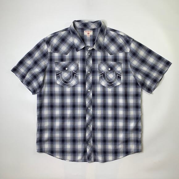 True Religion Shirt Mens 2XL Navy White Cotton Western Yoke Plaid Pearl Snap - Picture 2 of 11